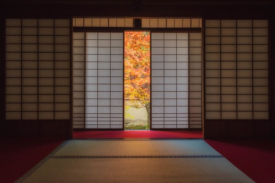 障子紙の隙間から覗く紅葉