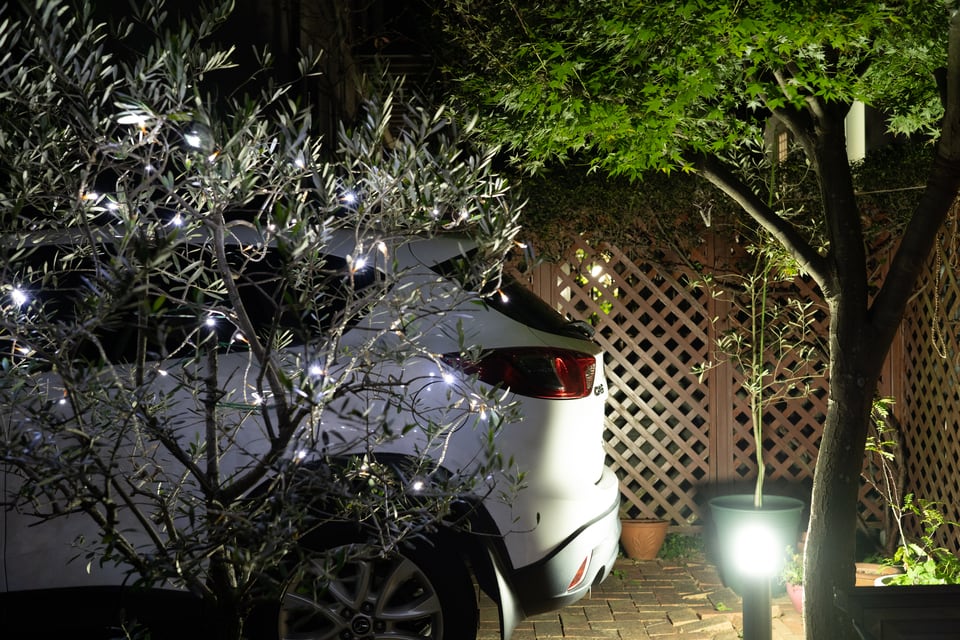 庭に駐車された車の後方部を照らすガーデンライト