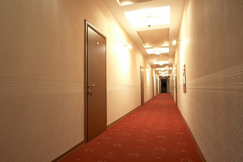 絨毯が敷かれた明るい内廊下