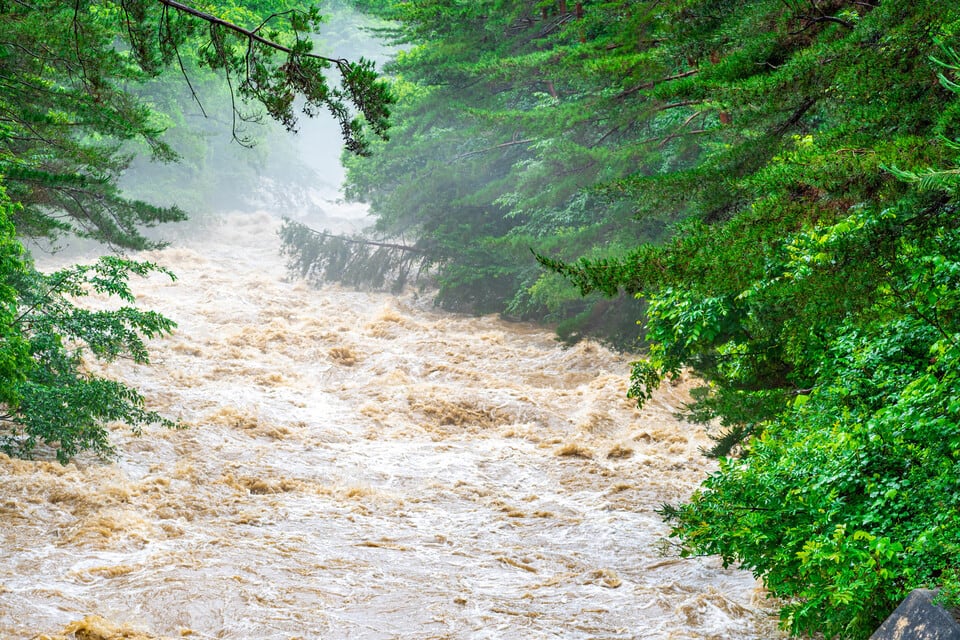 大雨による増水で水害リスクの高まっている河川