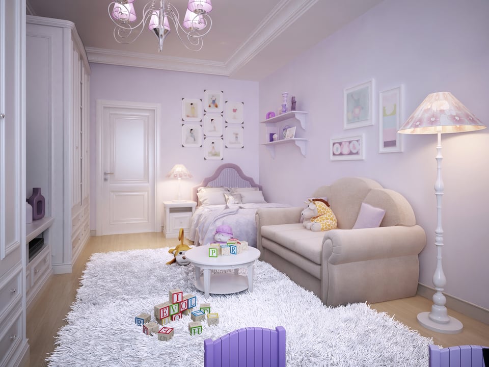 ふわふわした触り心地のシャギーカーペットのある子供部屋