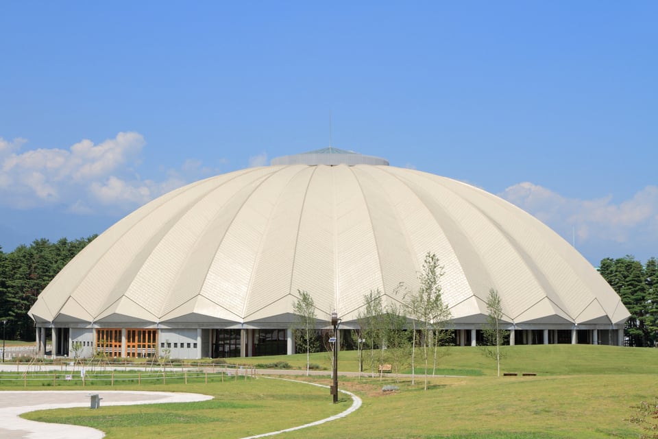 やまびこドームに見られる金属板葺きの屋根