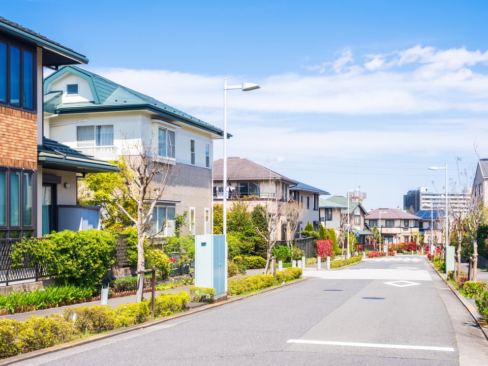 郊外の閑静な住宅街と手入れされた街路樹