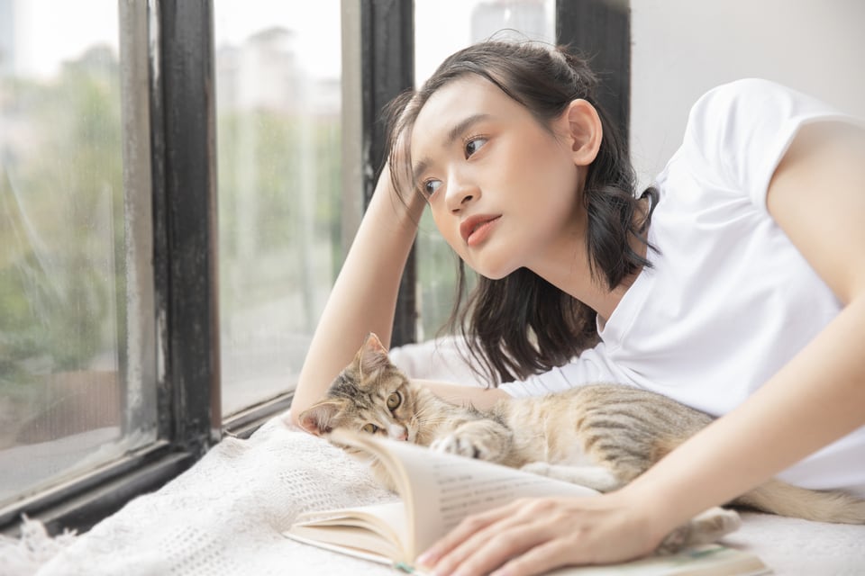 窓辺で猫と日向ぼっこしている女性
